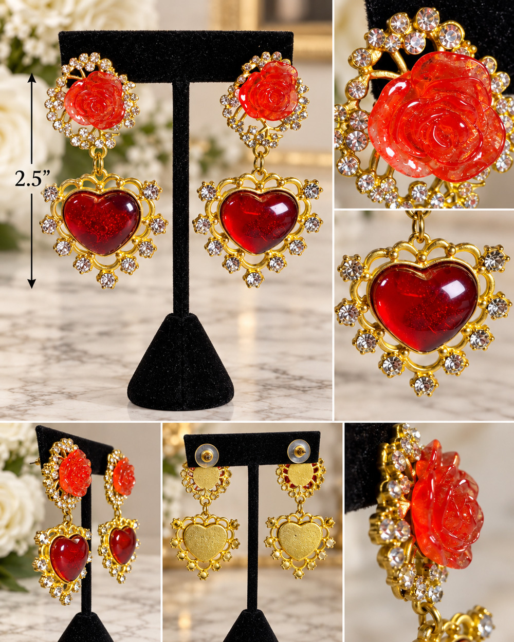 Vintage Red Resin Rose Lucite Heart Drop Dangle Earrings Rhinestone Gold Tone 2.